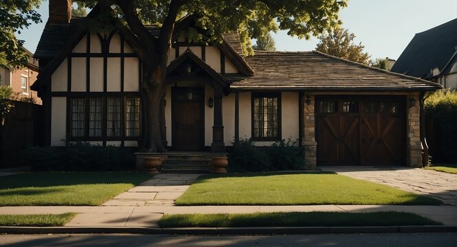 Tudor style house facade with entrance sidewalk and a tree and dramatic shadows from Generative AI