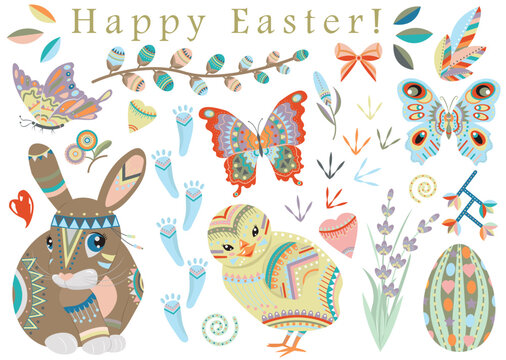 Hand drawn collection with Happy Easter holiday traditional symbols and objects - rabbit, egg, flowers, decorations in flat lay style isolated on white
