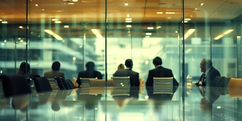 A group of people are sitting at a table in a conference room