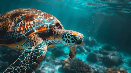 Fotobehang a realistic turtle in turquoise water, underwater shot, sun rays filtering through the water © growth.ai