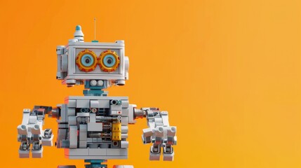 A robot constructed from colorful legos against a vibrant yellow backdrop - obrazy, fototapety, plakaty