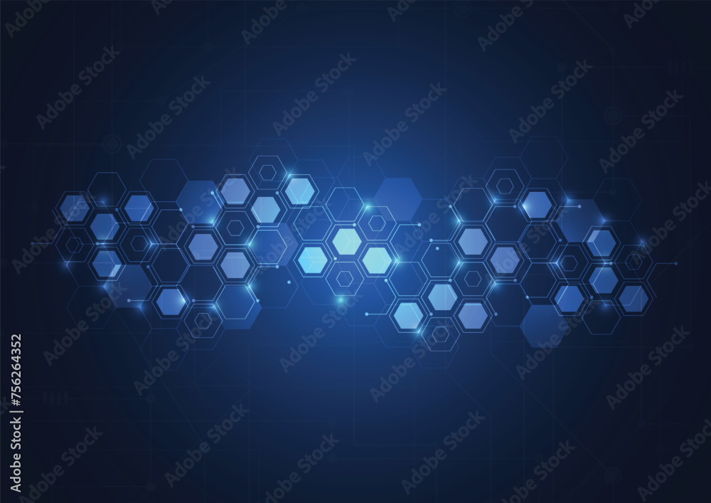 Poster abstract technology blue hexagons pattern background for network connection concept with mesh dots a