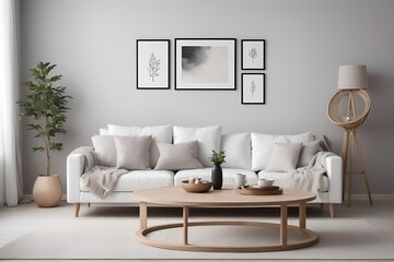 Fototapeta na wymiar Scandinavian interior design of a modern living room. an empty picture frame on the wall
