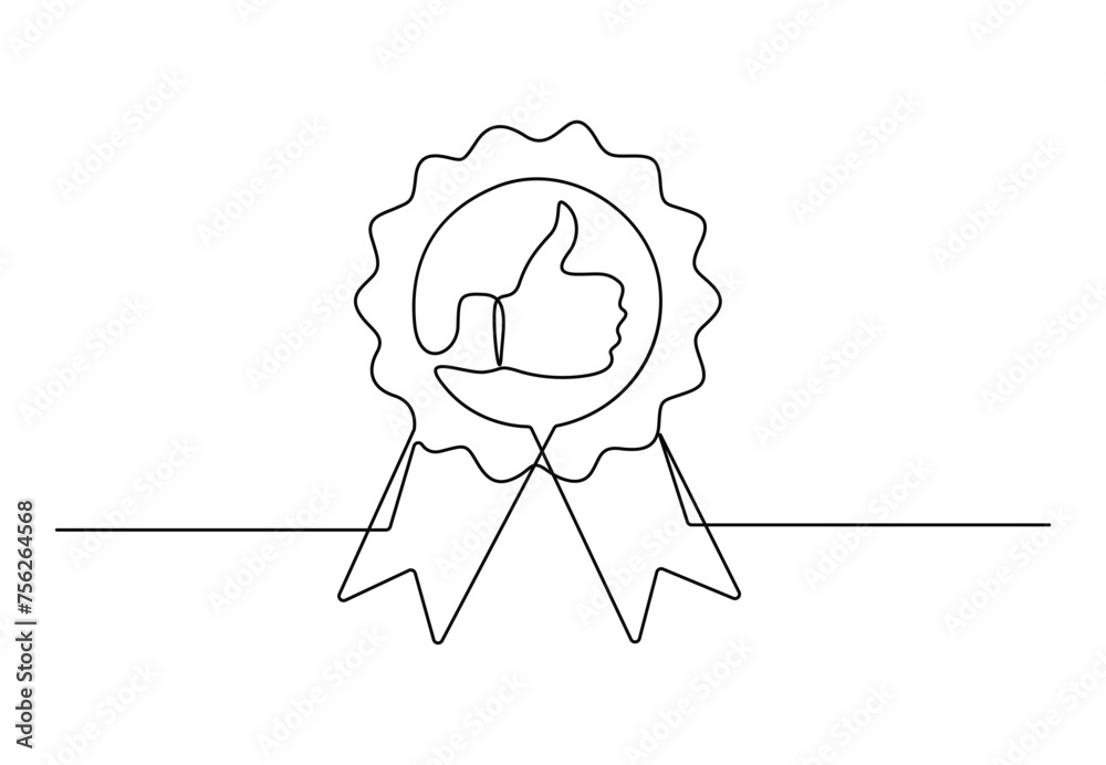 Wall mural Best quality award badge continuous one line drawing with gold star winning medal vector illustration. Free vector