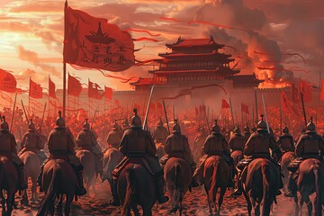 Illustration of a Genghis Khan's army ready for conquest.