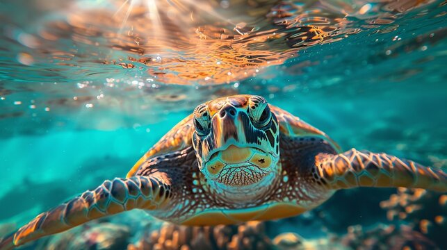 a realistic turtle in turquoise water, underwater shot, sun rays filtering through the water
