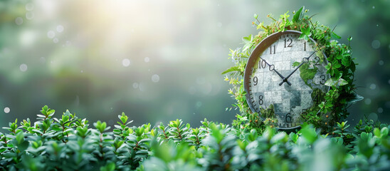 Clock in greenery, time for nature, environmental urgency, Earth day concept.