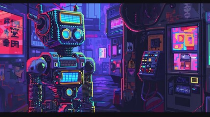 A robot stands before colorful vending machines, contemplating its next selection - obrazy, fototapety, plakaty
