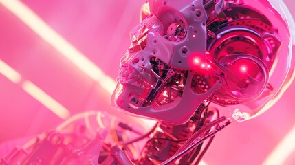 Close up of a robot against a vibrant pink background