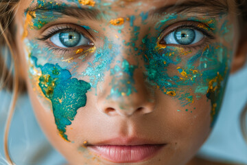A close-up photograph of Child with the world painted on her face, the innocence of nature's guardian, Earth day concept.