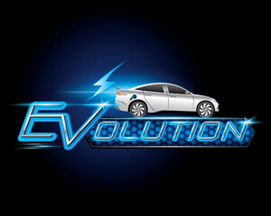 Design logo concept EV Evolution with Power cable pump plug in charging power to electric vehicle EV car.