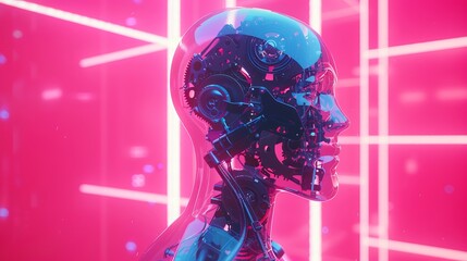 A robot stands confidently in front of a vibrant red background