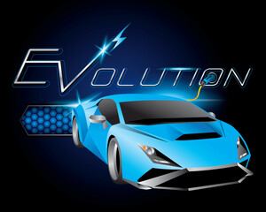 Fototapeta premium Design logo concept EV Evolution with Power cable pump plug in charging power to electric vehicle EV car.