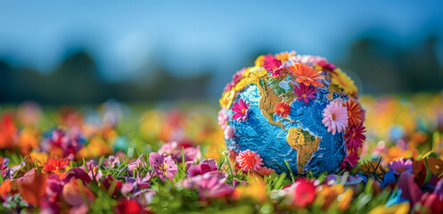 Globe amid blossoms, epitomizing global biodiversity, a call to protect Earth's beauty, Earth day concept