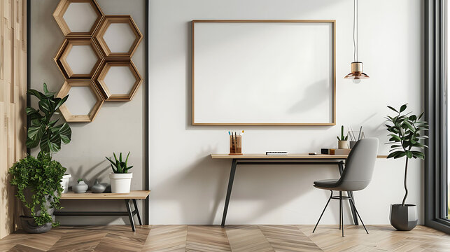 Hexagonal shape mockup photo frame wooden border, on study desk in modern living room, 3d render