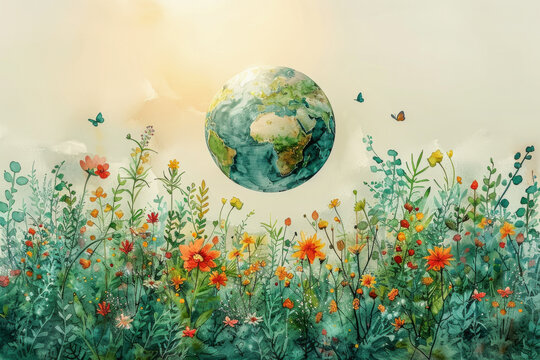 Earth globe floating above wildflowers, symbolizing the planet's natural splendor, Earth day concept..