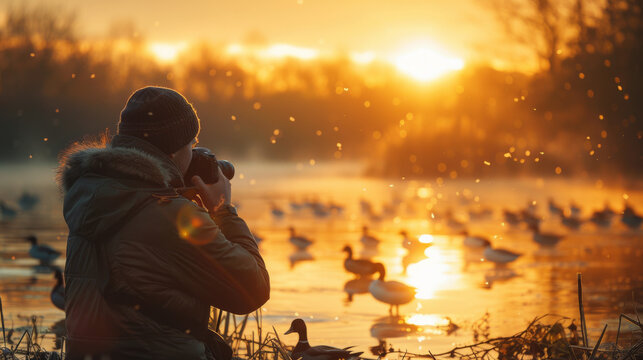 A man is taking a picture of ducks in a pond