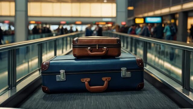 Suitcases on airport conveyor belt, concept vacation trip on vacation tourism and travel