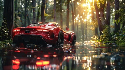 Red sports car driving on a wet forest road with sunlight piercing through the trees.