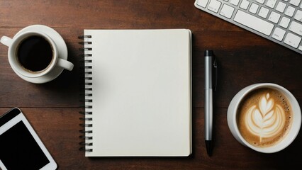 Obraz na płótnie Canvas Workspace Essentials Top View of Office Desk with Blank Notebook, Coffee