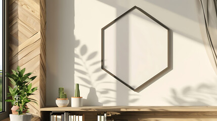 Hexagonal shape mockup photo frame glass border, on book shelf in modern living room, 3d render