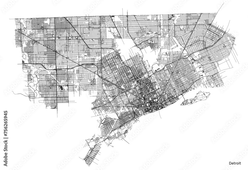 Wall mural detroit city map with roads and streets, united states. vector outline illustration.