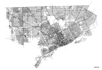 Detroit city map with roads and streets, United States. Vector outline illustration.