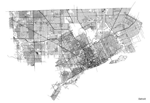 Detroit city map with roads and streets, United States. Vector outline illustration.