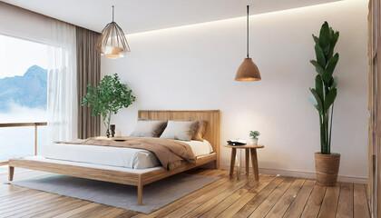 Minimal bedroom wall mock up with wooden side table. 3d rendering bedroom illustration.