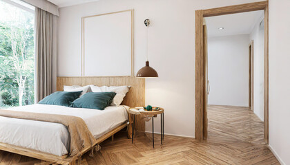 Minimal bedroom wall mock up with wooden side table. 3d rendering bedroom illustration.