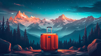 modern suitcase on the night mountain background, travel concepr - obrazy, fototapety, plakaty