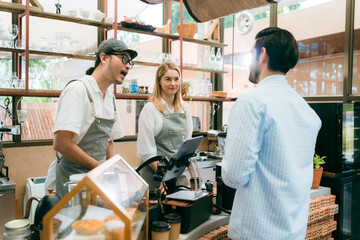 Smiling waitress wear apron take order talk to clients serving restaurant guests choosing food drinks menu in cafe coffeehouse bar, waiting staff, good customer service, cashier serving customers