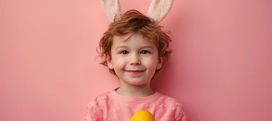 Fotobehang Cute little boy with bunny ears holding Easter egg on the pink background © Kateryna Kordubailo