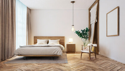 Minimal bedroom wall mock up with wooden side table. 3d rendering bedroom illustration.