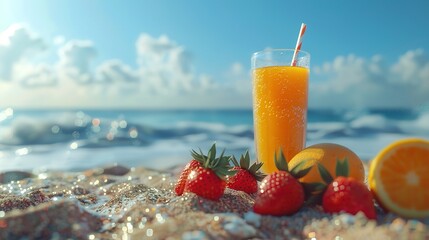 glass with fresh orange juice and sweet strawberries on ocean background, refreshing juice on beach holiday