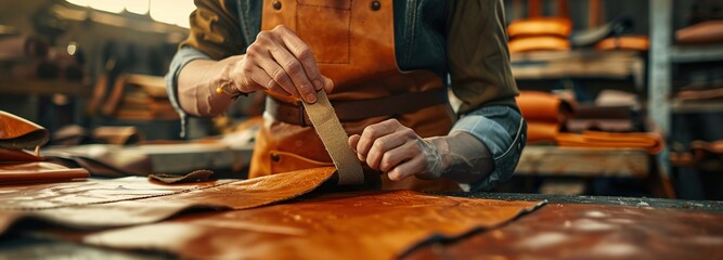 Leatherworker, Craftsman in detailed work on handmade leather goods, focusing on the art of leather crafting with precision and a rich warm tone in each bag.
