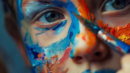 A person is painting a child's face with bright colors