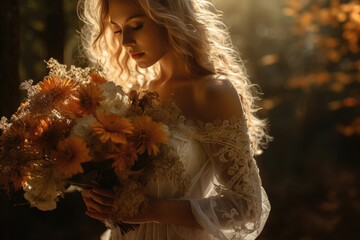 Fototapeta premium Bride holding a beautiful autumnal wedding bouquet in a forest setting