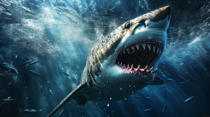 An aggressive shark maneuvers smoothly in the sunlit waters of the sea.