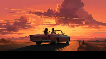 Photo sur Plexiglas Corail Beautiful girls driving in a retro car look with admiration at the stunning sunset and clouds