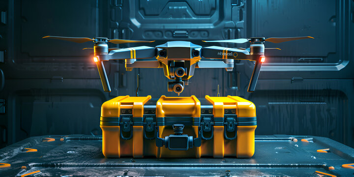   A Yellow Drone Holding A Box Drone Flying With A  Delivering Box On Blue Background 