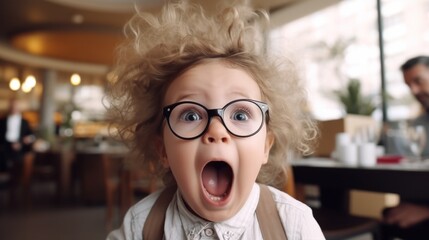 A child wearing glasses screaming in surprise. Children's raw emotions.