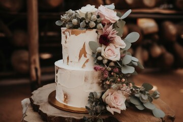 Elegant wedding cake with white roses and eucalyptus on a wooden table.
