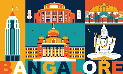 Bangalore culture travel set, famous architectures and specialties in flat design. Business travel and tourism concept clipart. Image for presentation, banner, website, advert, flyer, roadmap, icons