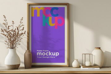 Poster Frame Mockup with Vases on the Shelf
Poster Frame Mockup with Vases and Decorative Items on the Shelf
Poster Frame Mockup with books and candles on the shelf
Poster Frame Mockup with vases on a