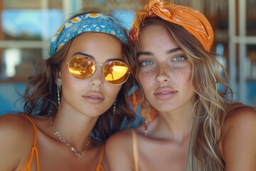Two women with headscarves and sunglasses. Close-up portrait with a bokeh background - obrazy, fototapety, plakaty