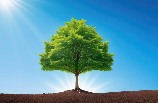 Tree growing from the ground, sturdy trunk on blurred background with blue sky, sun shining brightly, distant mountains. Arbor Day and environmental conservation concept