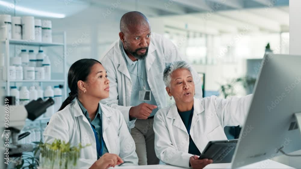 Aufkleber scientist, tablet and teamwork in laboratory for collaboration and discussion on development of medi