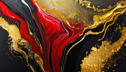 Abstract acrylic painting, Close up red, black and gold background. Oil paint texture with brush...