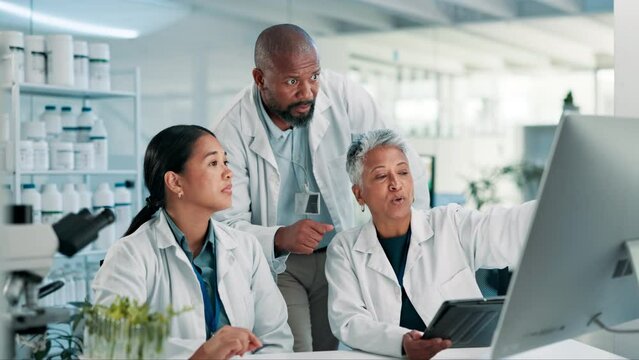 Scientist, tablet and teamwork in laboratory for collaboration and discussion on development of medical innovation. Biotechnology, science and computer for online research and plants sustainability